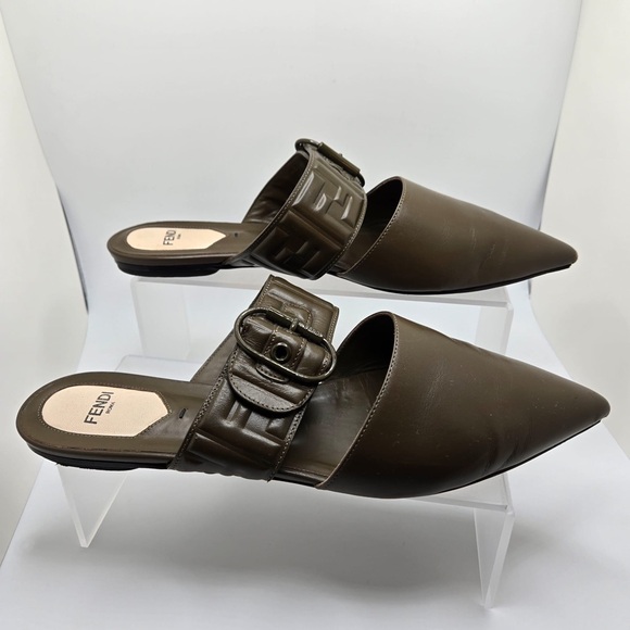 Fendi Shoes - Fendi Sabot Mules flat Zucca FF embossed logo green